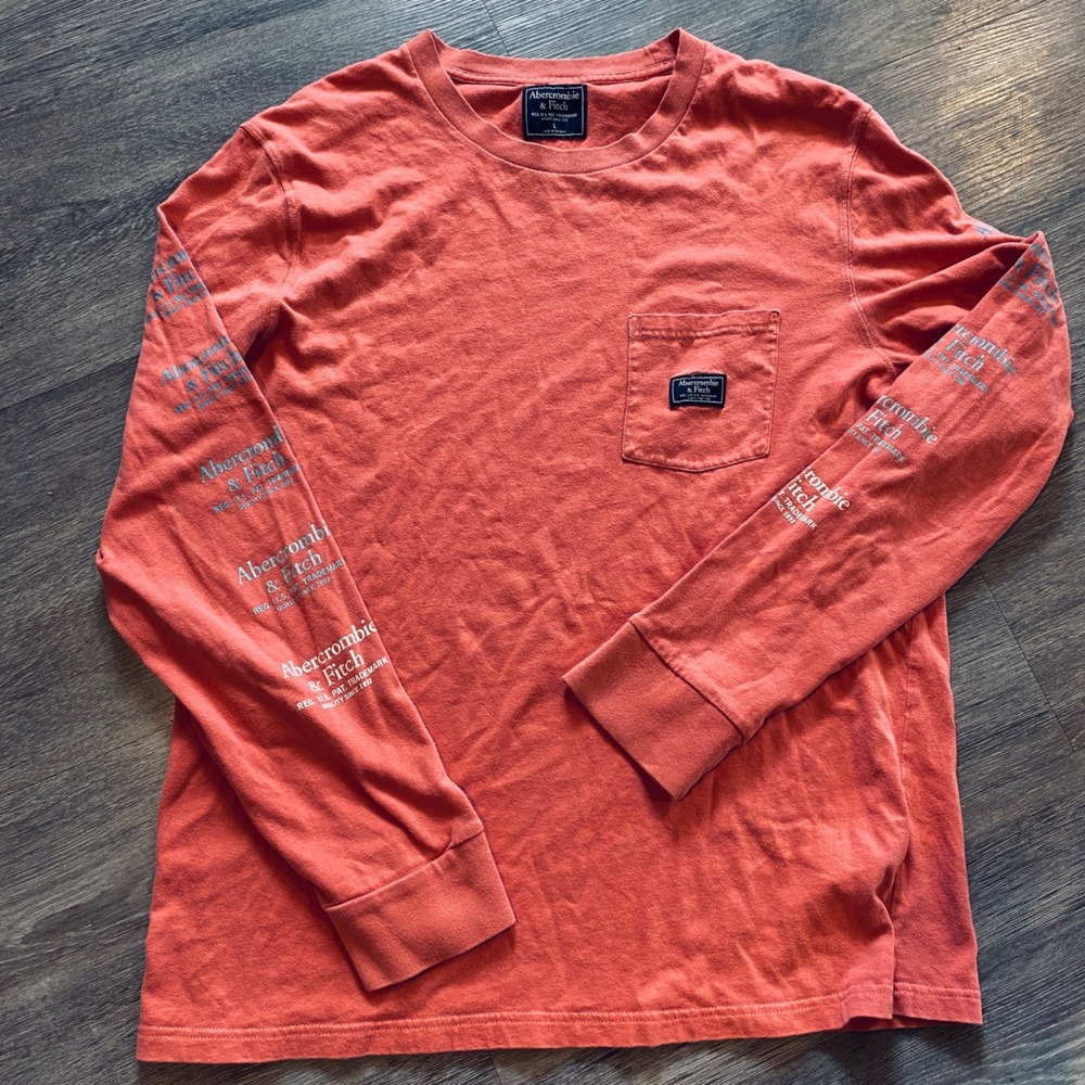 Abercrombie & Fitch Mens Large Long Sleeve Graphic Pocket T-Shirt Coral Orange